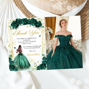 Cartão De Agradecimento Emerald Green Floral Butterflies Quinceañera Foto