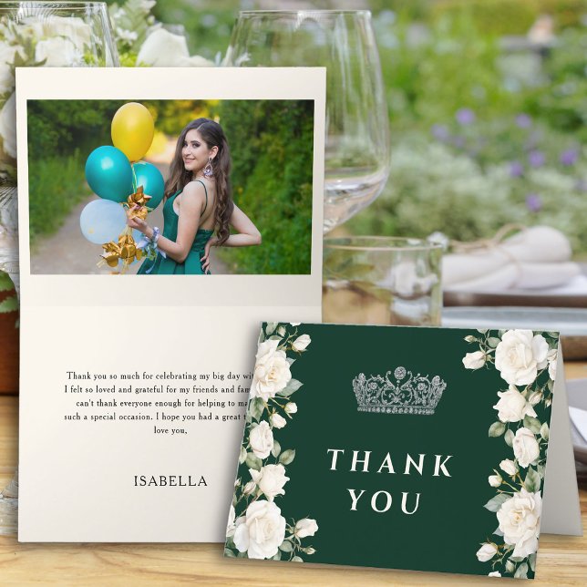 Cartão De Agradecimento Emerald Green Photo Princess Tiara Quinceanera (Thank You Card from the Princess Dress and Roses Quinceanera Collection by Darling & May)