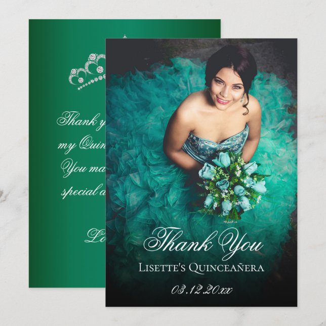 Cartão De Agradecimento Emerald Green Quinceanera Adicionar Foto Personali (Frente/Verso)