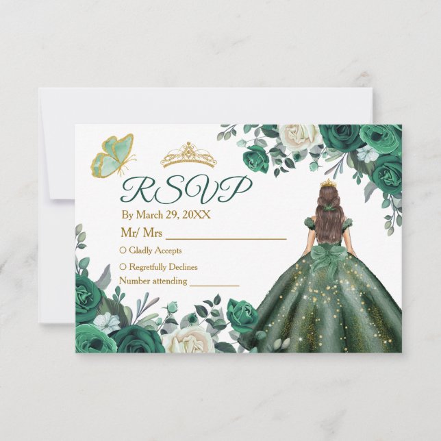 Cartão De Agradecimento Emerald Green Vestida Quinceañera Crown RSVP Card (Frente)
