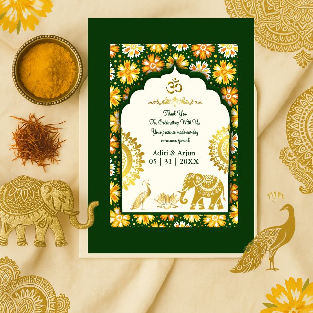 Cartão De Agradecimento emerald ivory hindu ornate peacock om wedding  (Criador carregado)