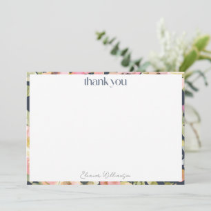Cartão De Agradecimento Encontro de Noiva Floral com Aquarela Azul Marinho