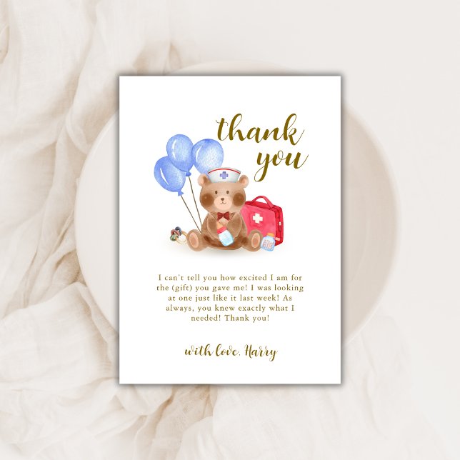 Cartão De Agradecimento Enfermeira Bonita Doutor Teddy Bear Balão Chá de f (Cute Nurse Doctor Teddy Bear Balloon Baby Shower Thank You Card)