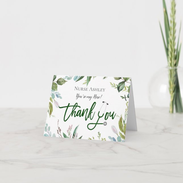 Cartão De Agradecimento Enfermeiros de Watercolor Greenery Personalizados (Frente)
