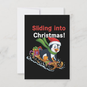 Cartão De Agradecimento Engraçado Pinguim Bonito Deslizando no Natal no Tr