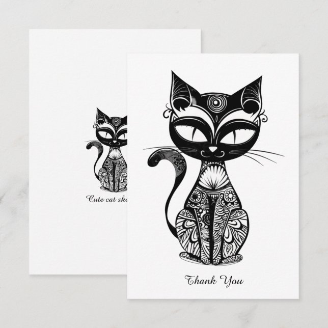 Cartão De Agradecimento Esboço de gato bonito (Frente/Verso)