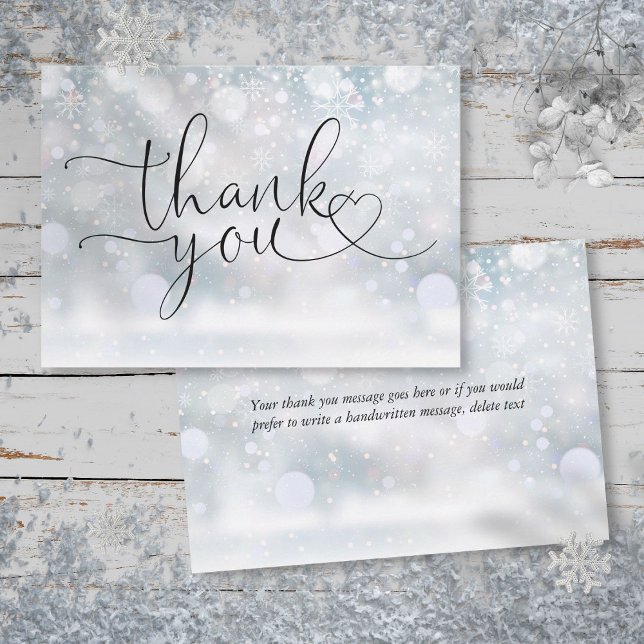 Cartão De Agradecimento Escuro Cardíaco dos Flocos de Neve do inverno Eleg (Elegant Winter Snowflakes Heart Script Thank You Card)