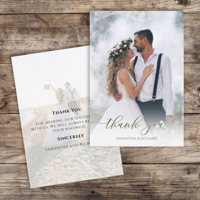 Cartão De Agradecimento Escuro de Caligrafia Simples Moderno Duas Fotograf (Simple wedding thank you card with a two-photo template. )