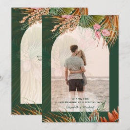 Cartão De Agradecimento Esmeralda Verde Boho Tropical Grama das Pampas Cas