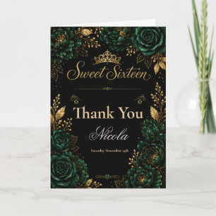 Cartão De Agradecimento Esmeralda Verde e Dourado Sweet Sixteen