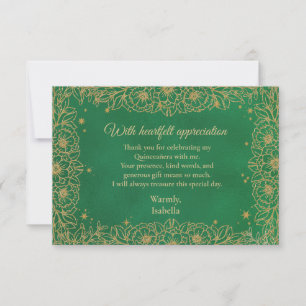 Cartão De Agradecimento Esmeralda Verde Linha Áurea Arte Floral Quinceañer