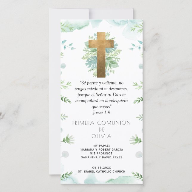 Cartão De Agradecimento Espanhol, Greenery First Communy Bookmark Favor (Frente)