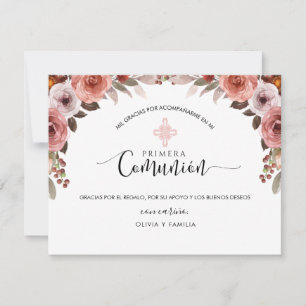 Cartão De Agradecimento Espanhol Rosa Floral Primeira Comunhão Obrigado
