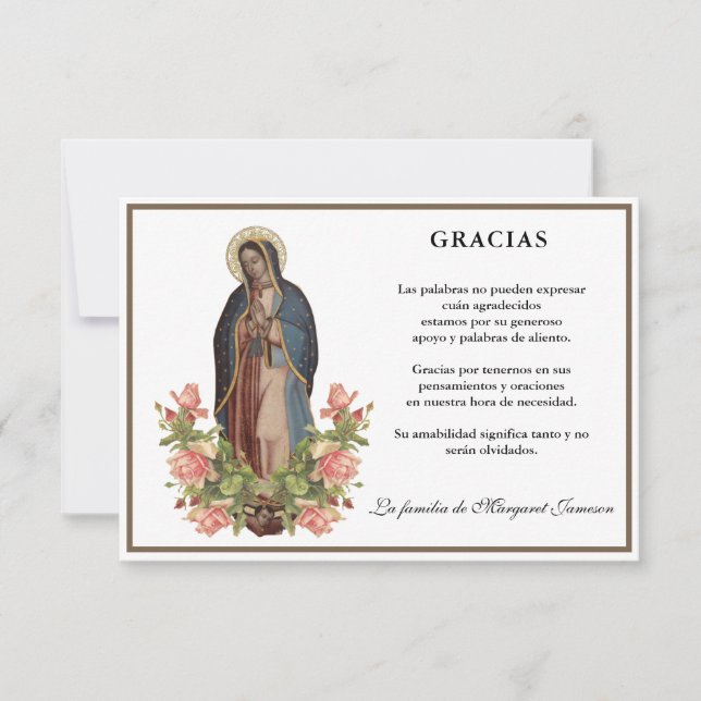 Cartão De Agradecimento Espanhola Mary Guadalupe Obrigado Condolência (Frente)