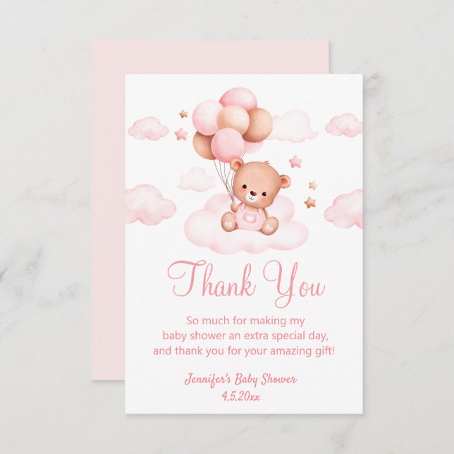 Cartão De Agradecimento espera cedo, garota chá de fraldas ursinho rosa (Frente/Verso)