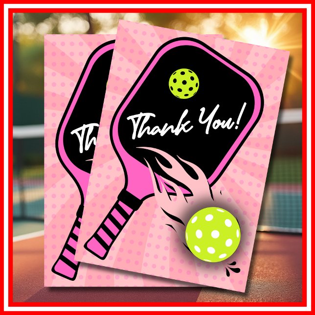 Cartão De Agradecimento Esportes Rosa De Bairro De Pickleball (Pickleball Birthday RETRO Stripes Pink Sports Thank You Card)