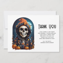 Esqueleto Spooky com Mau Pumpkins Obrigado