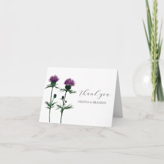 Cartão De Agradecimento Este Casamento Floral Escocês Roxo Obrigado (Frente)