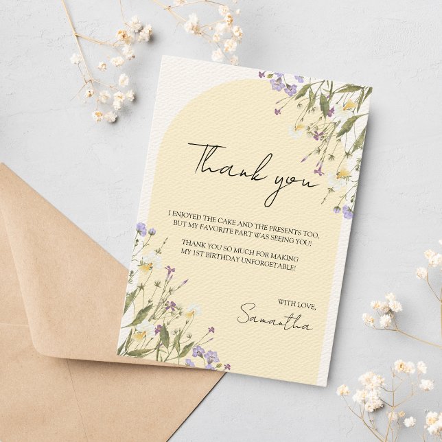 Cartão De Agradecimento Estética do primeiro aniversario da garotinha (Little Wildflower Thank you Cards)