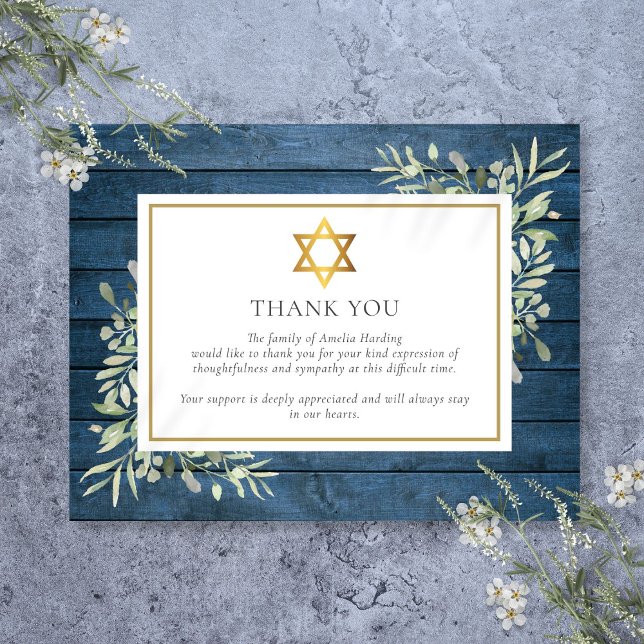 Cartão De Agradecimento Estrela de Davi Judaica de Funeral com Verde Rústi (Blue Rustic Greenery Jewish Star Of David Funeral Thank You Card)