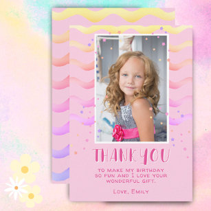 Cartão De Agradecimento Estrelas Rosa Ondas Foto de Crianças de Aniversári