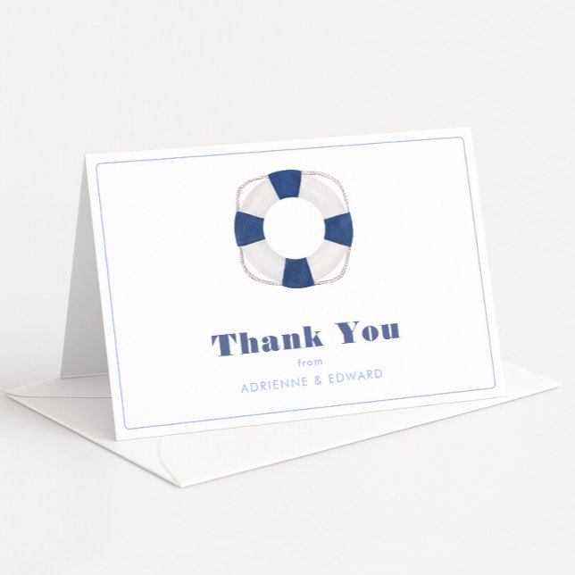 Cartão De Agradecimento Eterno Azul Náutico E Chá de casamento Branco (Nautical inspired wedding shower thank you card design with navy blue and white life ring)