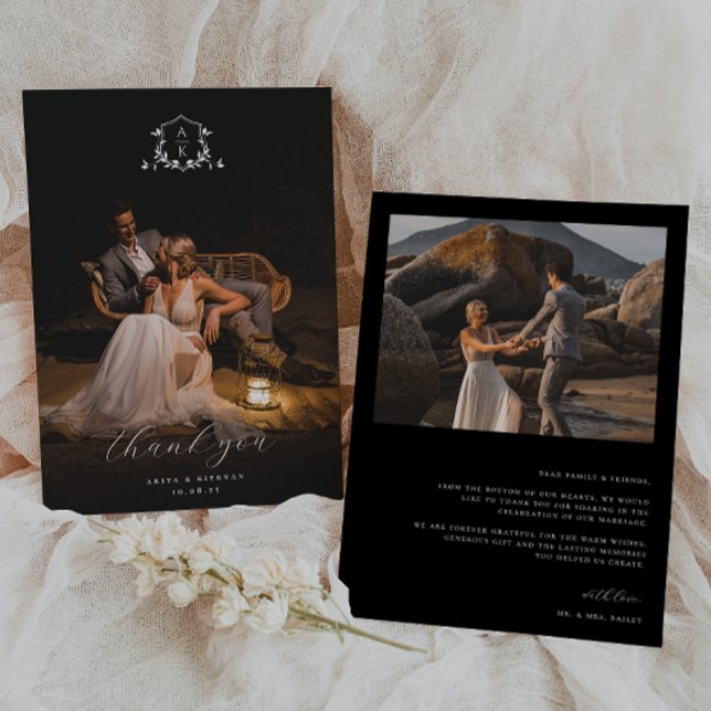 Cartão De Agradecimento Eterno Vines Monograma Crest Foto de Casamento (Criador carregado)