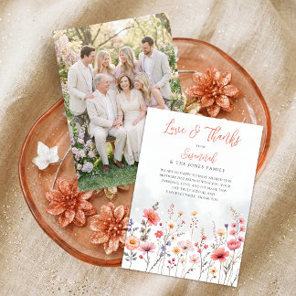 Cartão De Agradecimento Ethereal Dreamy Wildflowers Coral Script Photo