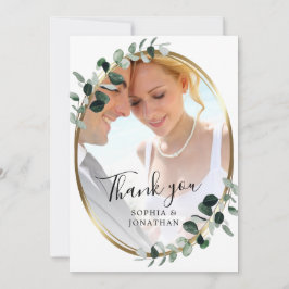 Cartão De Agradecimento Eucalipto Dourado Letrairo Elegante Foto Casamento