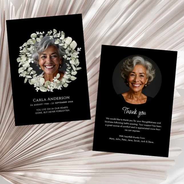 Cartão De Agradecimento Eucalyptus 2-Photo Funeral/Memorial, Script Modern (Criador carregado)