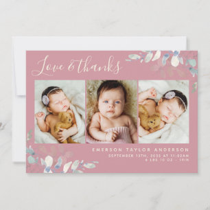 Cartão De Agradecimento Eucalyptus 3 Photo Baby Birth Stats