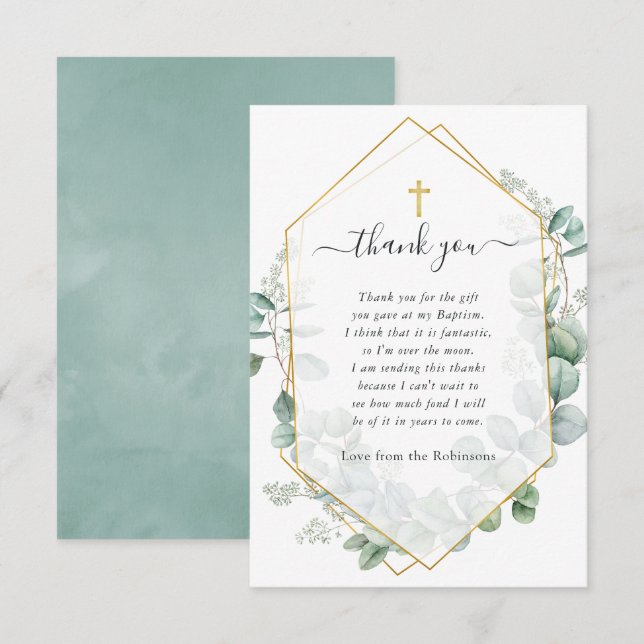 Cartão De Agradecimento Eucalyptus Baptism geométrico (Frente/Verso)