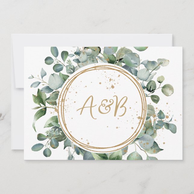 Cartão De Agradecimento Eucalyptus Dourado Glitter - Casamento Verde (Frente)