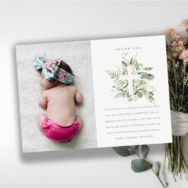 Cartão De Agradecimento Eucalyptus Fern Foliage Cross Primeira Comunhão Sa (Criador carregado)