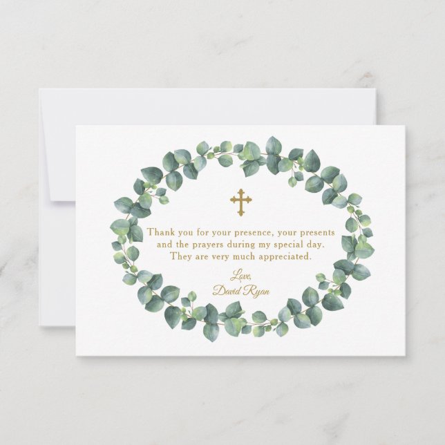 Cartão De Agradecimento Eucalyptus Foliage Wreath Dourado Cross Boy Baptis (Frente)