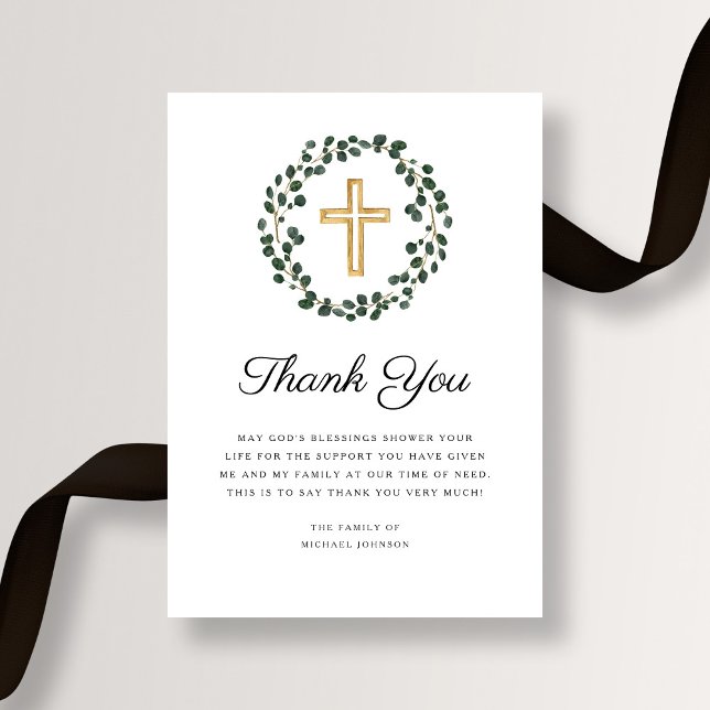 Cartão De Agradecimento Eucalyptus Wreath Religioso Funeral Crucial (Elegant Eucalyptus Wreath Religious Cross Funeral Thank You Card)