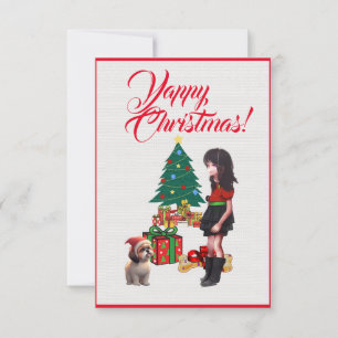 Cartão De Agradecimento Fácil Personalização Adorável Shih Tzu Com Garota