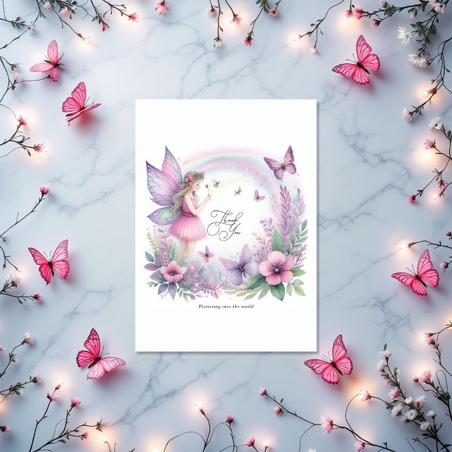 Cartão De Agradecimento Fada Borboleta Jardim Flautter Chá de fraldas (Fairy Butterfly Garden Flutter Love Baby Shower Thank You Card)