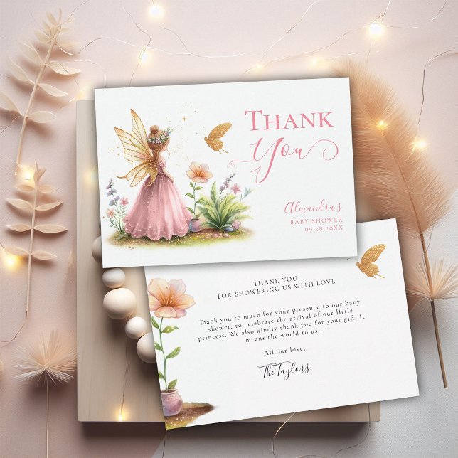 Cartão De Agradecimento Fada Princesa Encantada Garden Baby Chá (fairy princess baby girl shower thank you card pink elegant adorable watercolor enchanted garden)