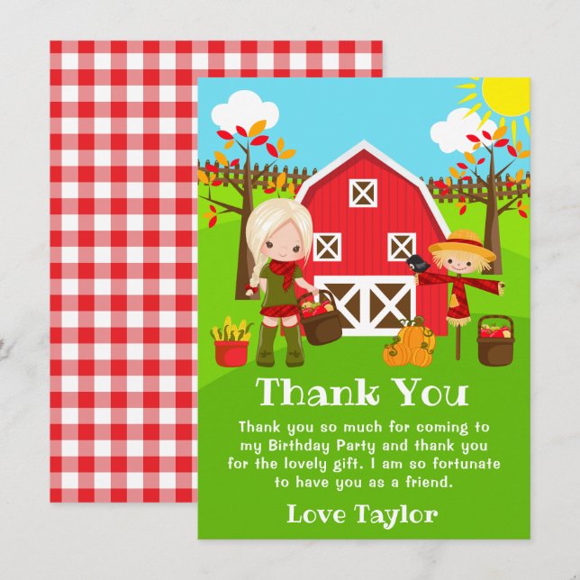 Cartão De Agradecimento Fall Autumn Barnyard Birthday Blona Hair Girl (Frente/Verso)