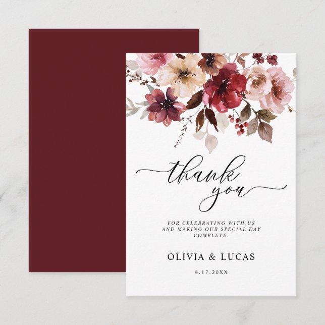 Cartão De Agradecimento Fall Floral Maroon Rustic Fall Deixa Casamento (Frente/Verso)