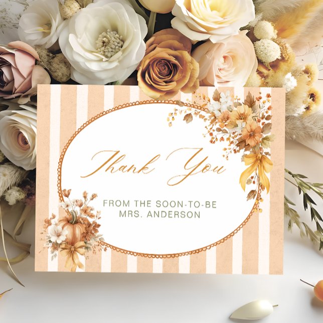 Cartão De Agradecimento Fall in Love Pumpkin Bridal Shower Thank You Card (Criador carregado)