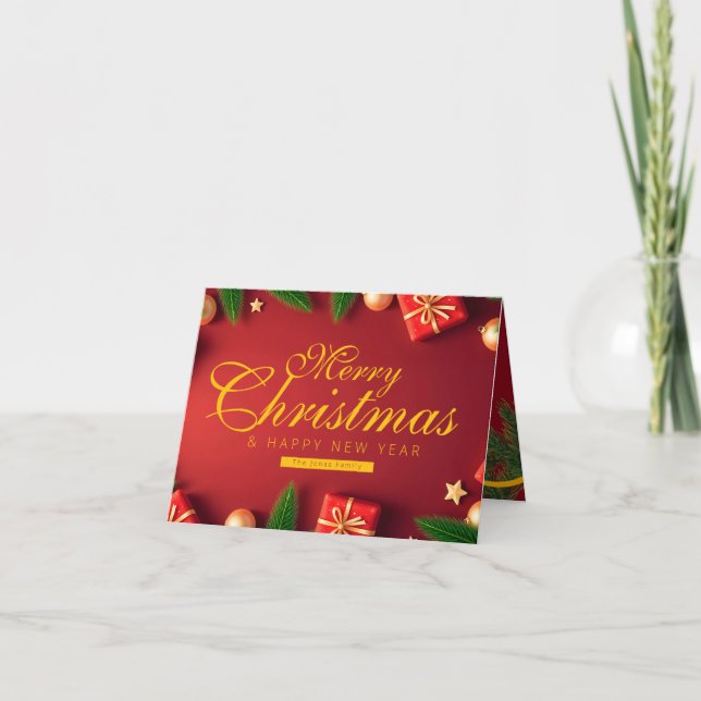 Cartão De Agradecimento Family Red and Gold Christmas with Tree Ribbon (Frente)