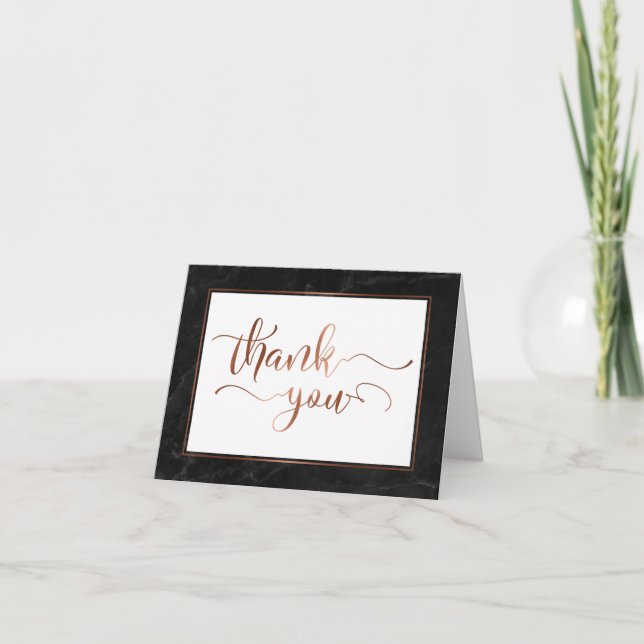 Cartão De Agradecimento Faux Copper Foil Script Obrigado & Black Marble (Frente)