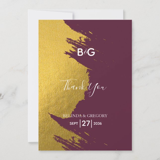Cartão De Agradecimento Faux Dourado Brushstrokes Burgundy, Casamento Mono (Verso)