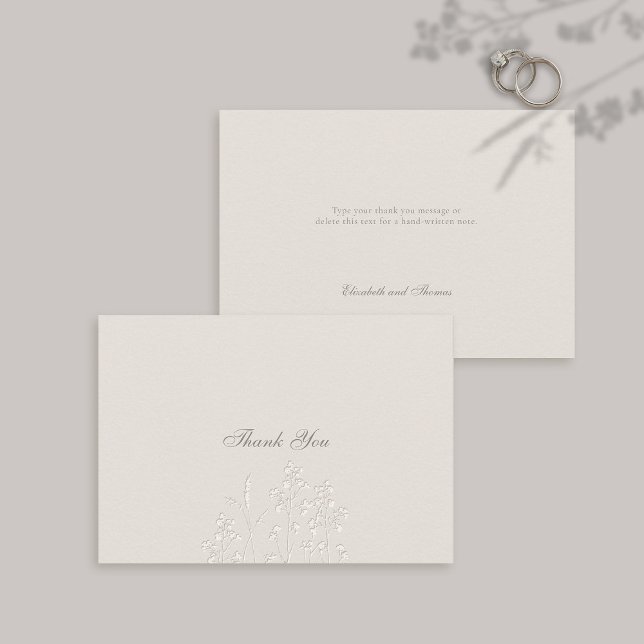 Cartão De Agradecimento Faux Embossed Wildflower Ecru Casamento Formal (Formal Wedding Thank You Card Faux Embossed Wildflowers Calligraphy Modern Classic Ecru Couple Note)