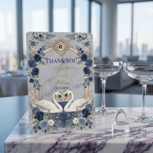 Cartão De Agradecimento Faux Gold Arch Navy Blue Swan Marble Effect (Criador carregado)