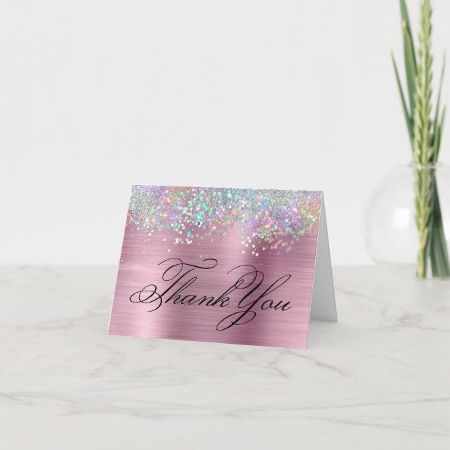 Cartão De Agradecimento Faux Sparkly Holographic Glitter Pink Foil (Frente)