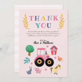 Cartão De Agradecimento Fazenda de Meninas Animais Rosa Trator Aniversário