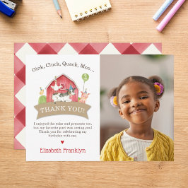 Cartão De Agradecimento Fazenda Festa de aniversário de animais Red Check